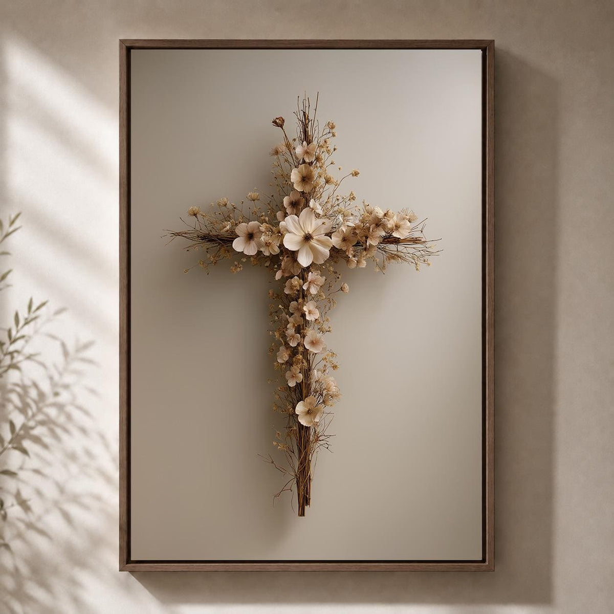 Floral Cross Framed Canvas Art, Neutral Boho Faith Artwork, Minimalist Religious Decor by The Wall Art Studio - physical