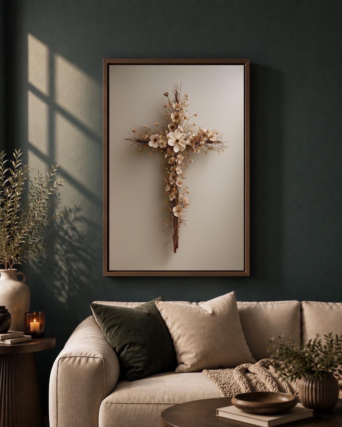 Floral Cross Framed Canvas Art, Neutral Boho Faith Artwork, Minimalist Religious Decor by The Wall Art Studio - physical