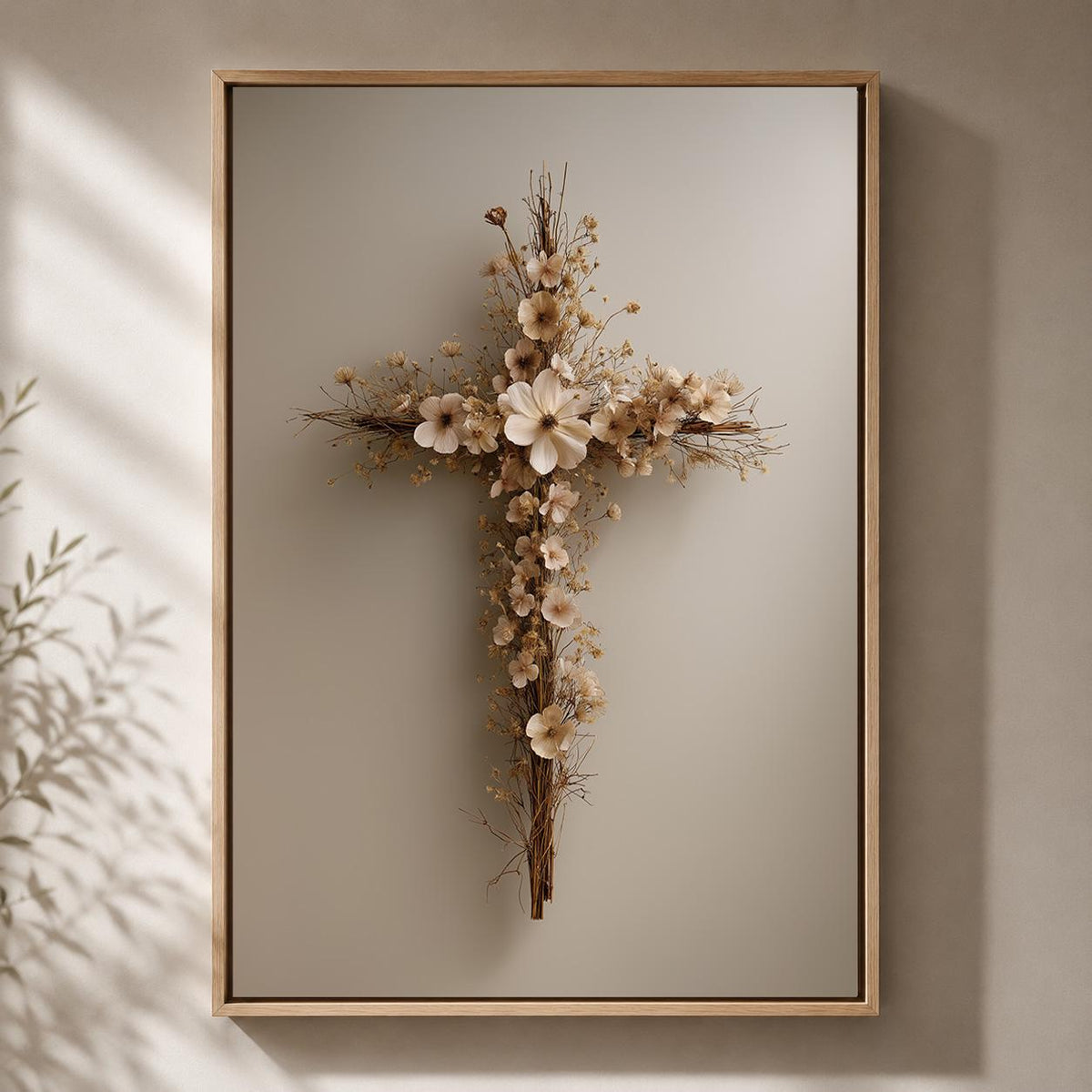 Floral Cross Framed Canvas Art, Neutral Boho Faith Artwork, Minimalist Religious Decor by The Wall Art Studio - physical