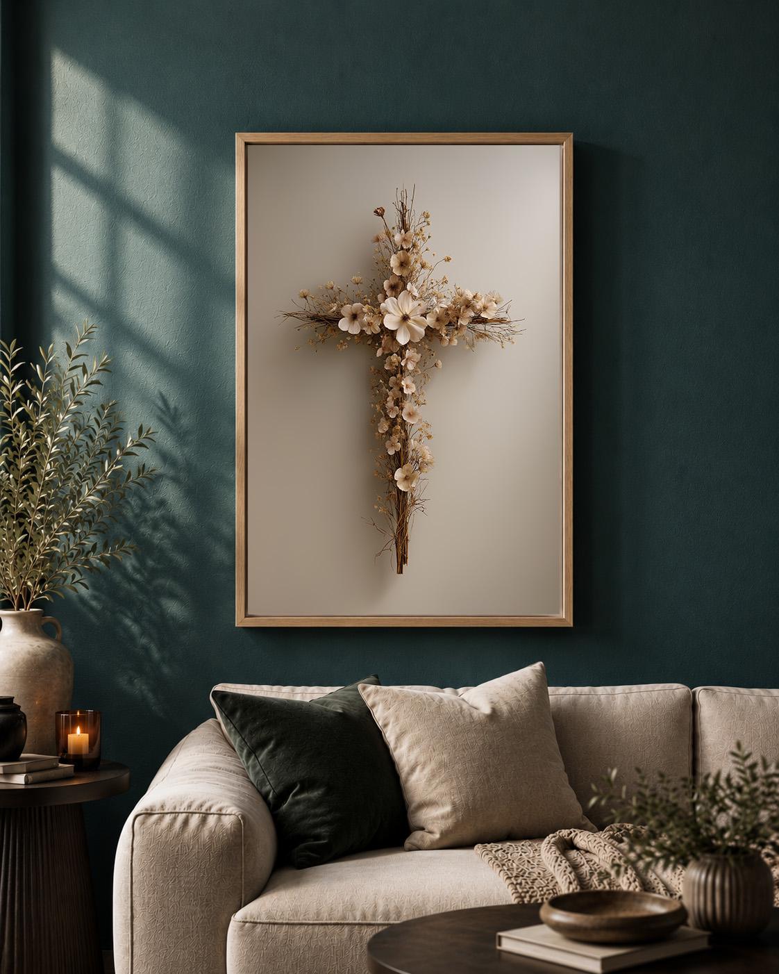 Floral Cross Framed Canvas Art, Neutral Boho Faith Artwork, Minimalist Religious Decor by The Wall Art Studio - physical