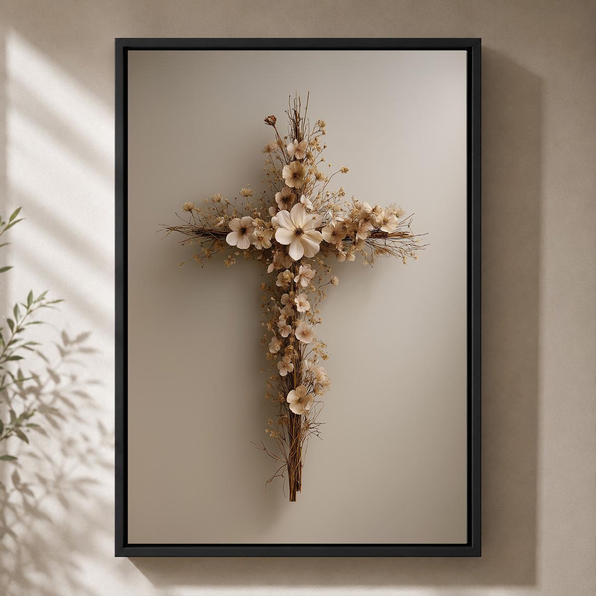 Floral Cross Framed Canvas Art, Neutral Boho Faith Artwork, Minimalist Religious Decor by The Wall Art Studio - physical