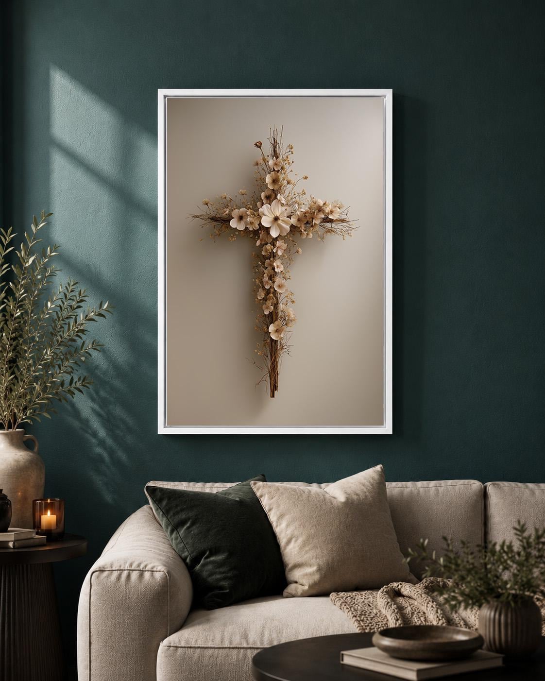 Floral Cross Framed Canvas Art, Neutral Boho Faith Artwork, Minimalist Religious Decor by The Wall Art Studio - physical