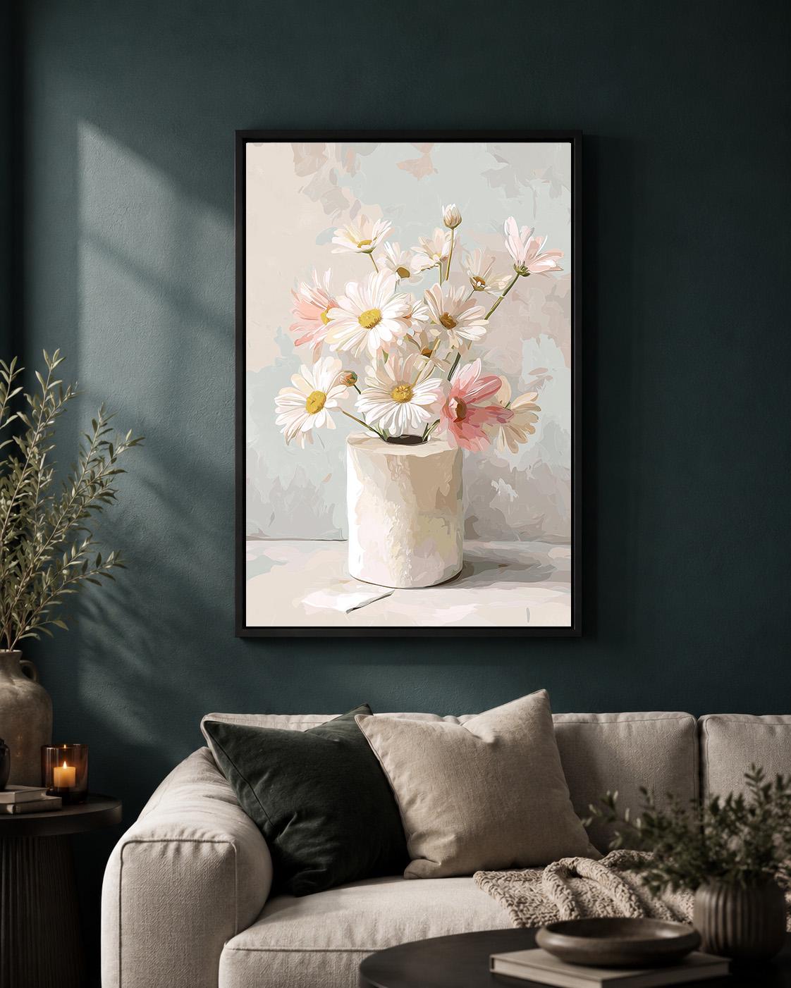 Floral Toilet Paper Framed Canvas Art, Neutral Daisy Bathroom Print, Minimalist Wall Decor by The Wall Art Studio - physical