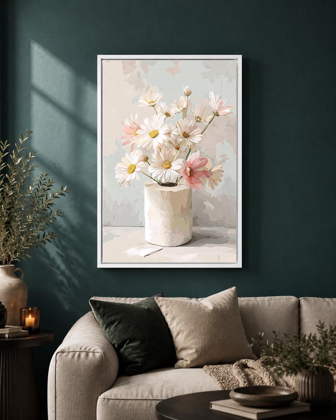 Floral Toilet Paper Framed Canvas Art, Neutral Daisy Bathroom Print, Minimalist Wall Decor by The Wall Art Studio - physical
