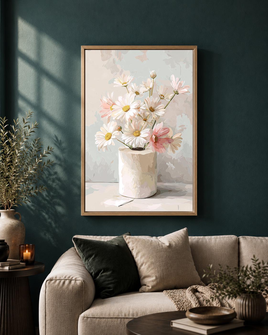 Floral Toilet Paper Framed Canvas Art, Neutral Daisy Bathroom Print, Minimalist Wall Decor by The Wall Art Studio - physical