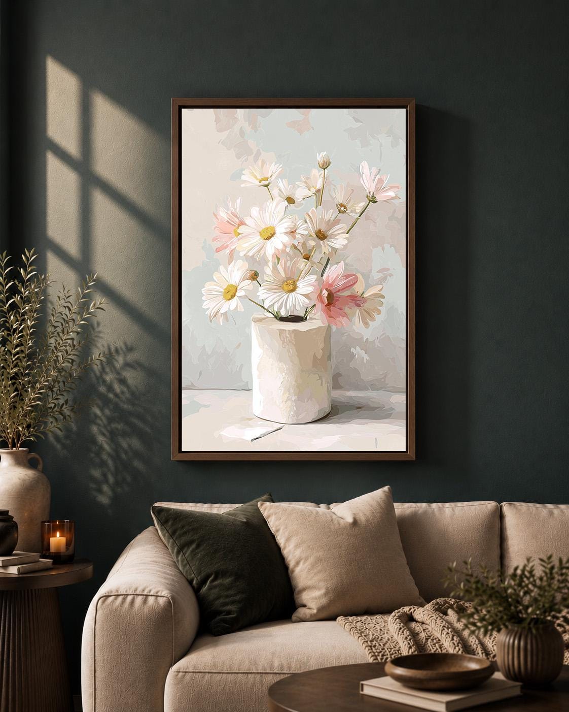 Floral Toilet Paper Framed Canvas Art, Neutral Daisy Bathroom Print, Minimalist Wall Decor by The Wall Art Studio - physical