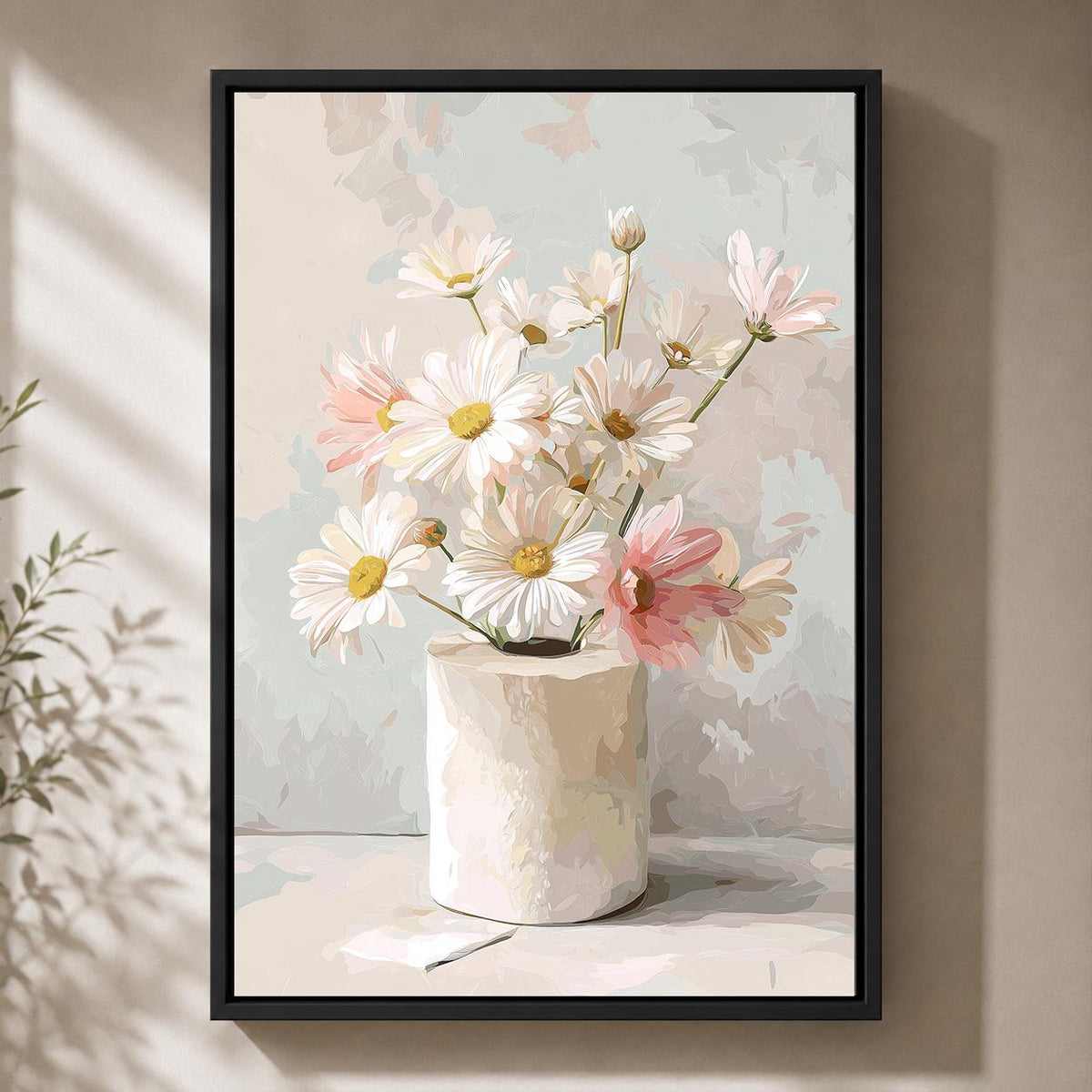 Floral Toilet Paper Framed Canvas Art, Neutral Daisy Bathroom Print, Minimalist Wall Decor by The Wall Art Studio - physical