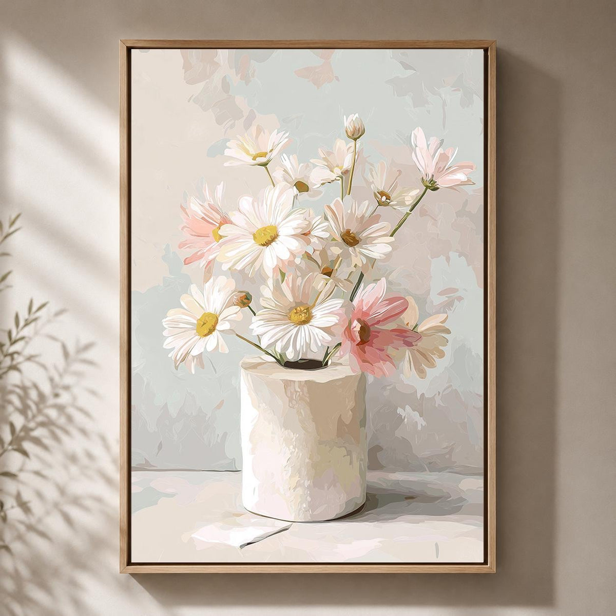 Floral Toilet Paper Framed Canvas Art, Neutral Daisy Bathroom Print, Minimalist Wall Decor by The Wall Art Studio - physical