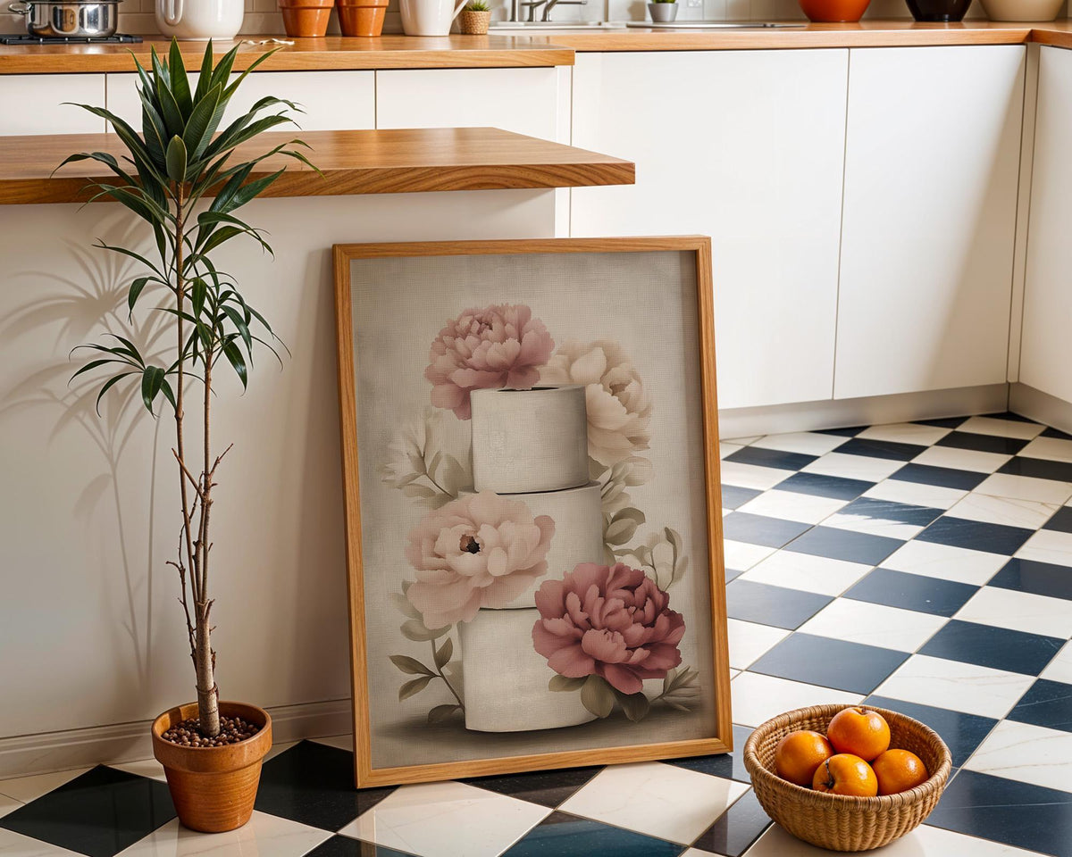 Floral Toilet Paper Print, Pink Magnolia Shabby Chic Botanical Bath Art (Framed Option) by The Wall Art Studio - physical