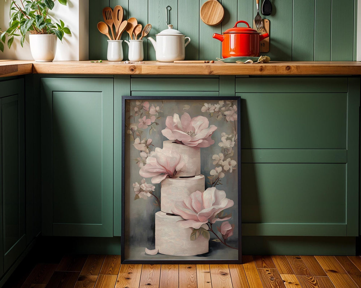 Floral Toilet Paper Print, Pink Magnolia Shabby Chic Botanical Bath Art (Framed Option) by The Wall Art Studio - physical