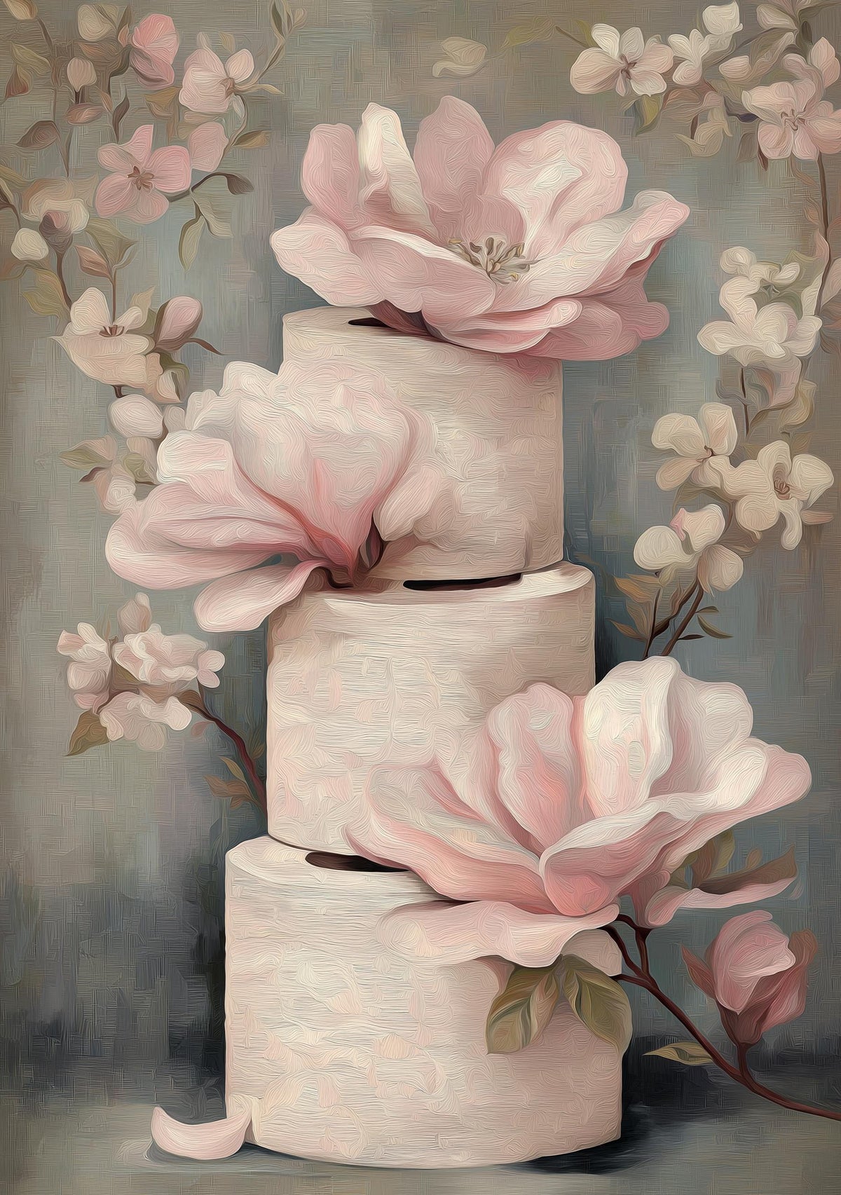 Floral Toilet Paper Print, Pink Magnolia Shabby Chic Botanical Bath Art (Framed Option) by The Wall Art Studio - physical