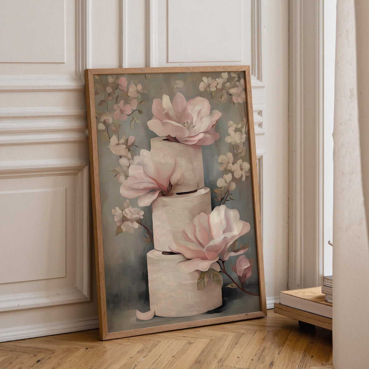 Floral Toilet Paper Print, Pink Magnolia Shabby Chic Botanical Bath Art (Framed Option) by The Wall Art Studio - physical