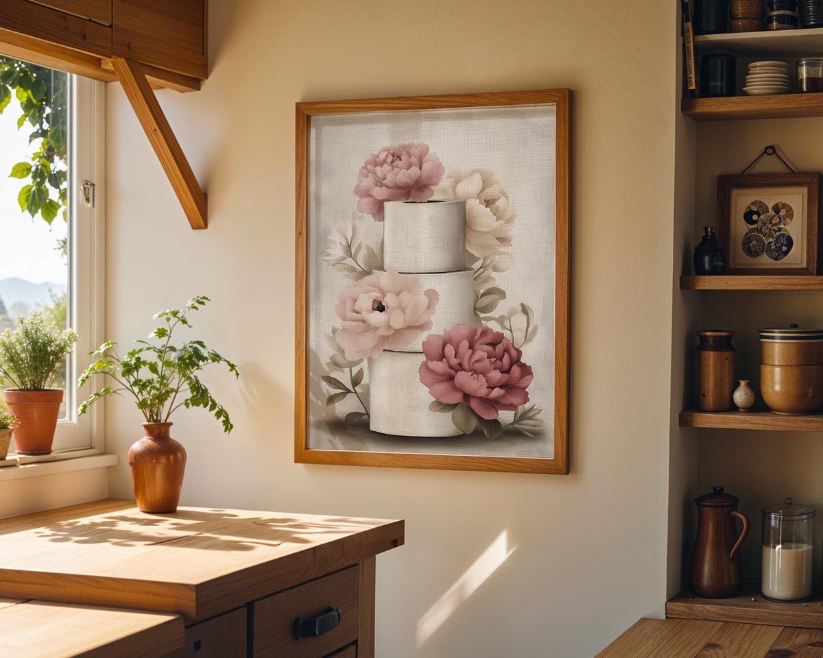 Floral Toilet Paper Print, Pink Magnolia Shabby Chic Botanical Bath Art (Framed Option) by The Wall Art Studio - physical
