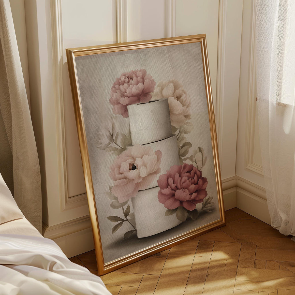 Floral Toilet Paper Print, Pink Magnolia Shabby Chic Botanical Bath Art (Framed Option) by The Wall Art Studio - physical