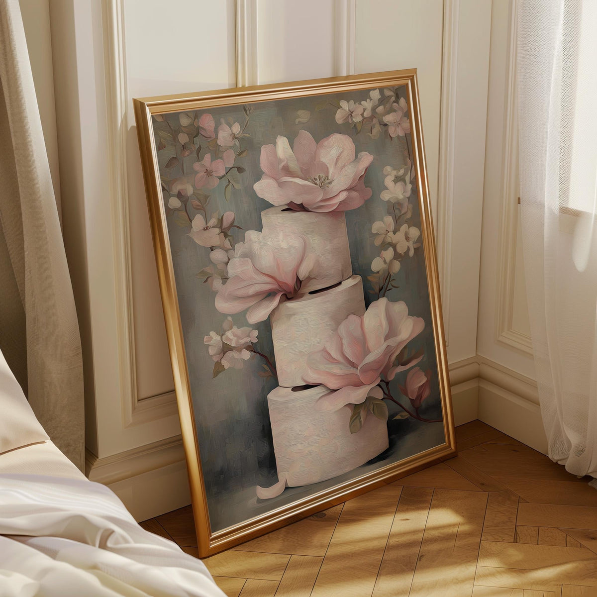 Floral Toilet Paper Print, Pink Magnolia Shabby Chic Botanical Bath Art (Framed Option) by The Wall Art Studio - physical