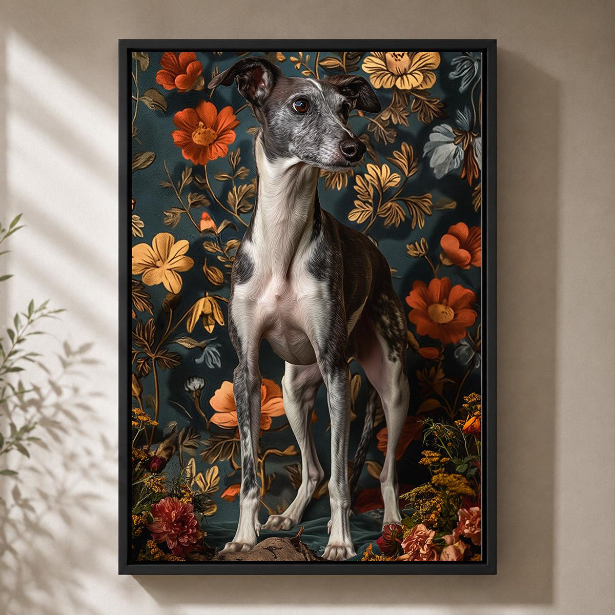 Floral Whippet Framed Canvas Art, Dark Cottagecore Sighthound Portrait Print by The Wall Art Studio - physical