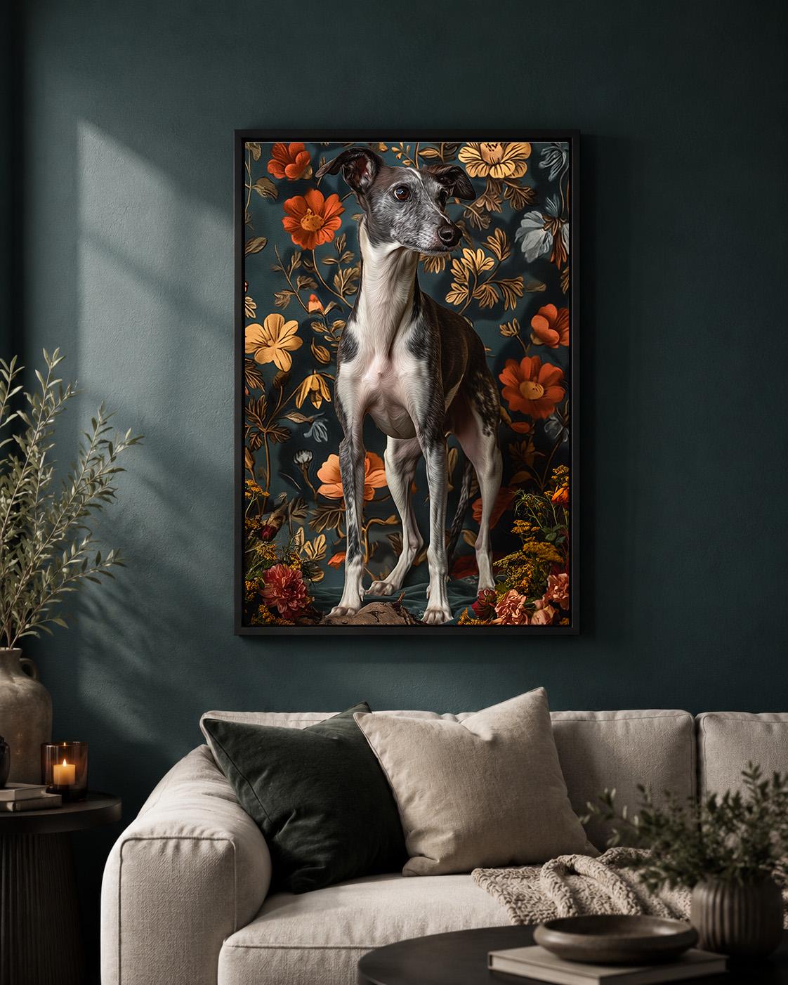 Floral Whippet Framed Canvas Art, Dark Cottagecore Sighthound Portrait Print by The Wall Art Studio - physical