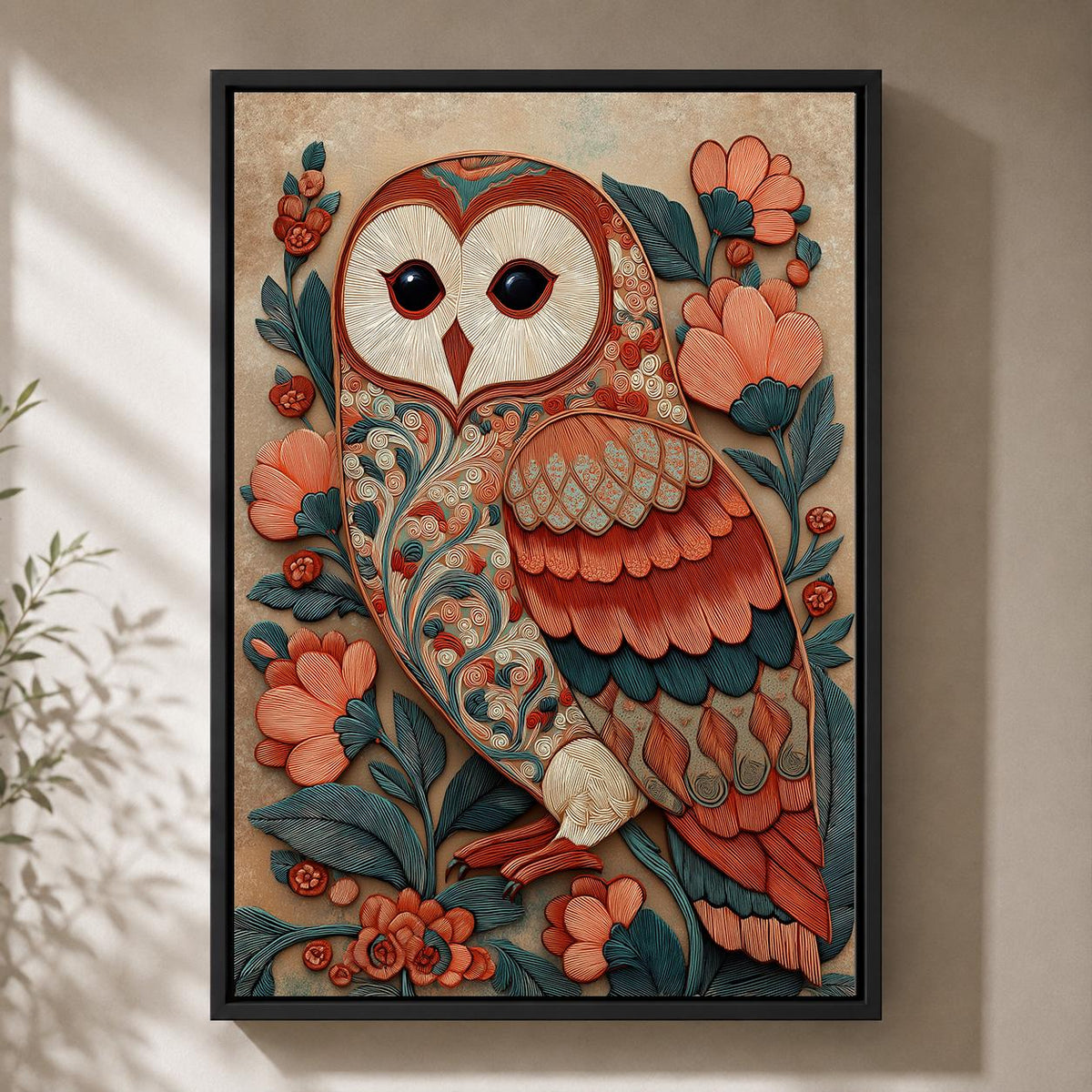 Folk Art Barn Owl Framed Canvas, Boho Woodland Teal Coral Nature Print by The Wall Art Studio - physical