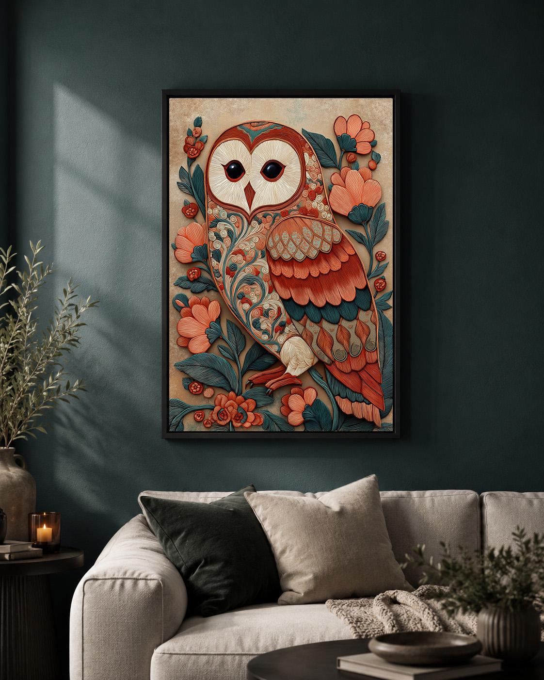 Folk Art Barn Owl Framed Canvas, Boho Woodland Teal Coral Nature Print by The Wall Art Studio - physical