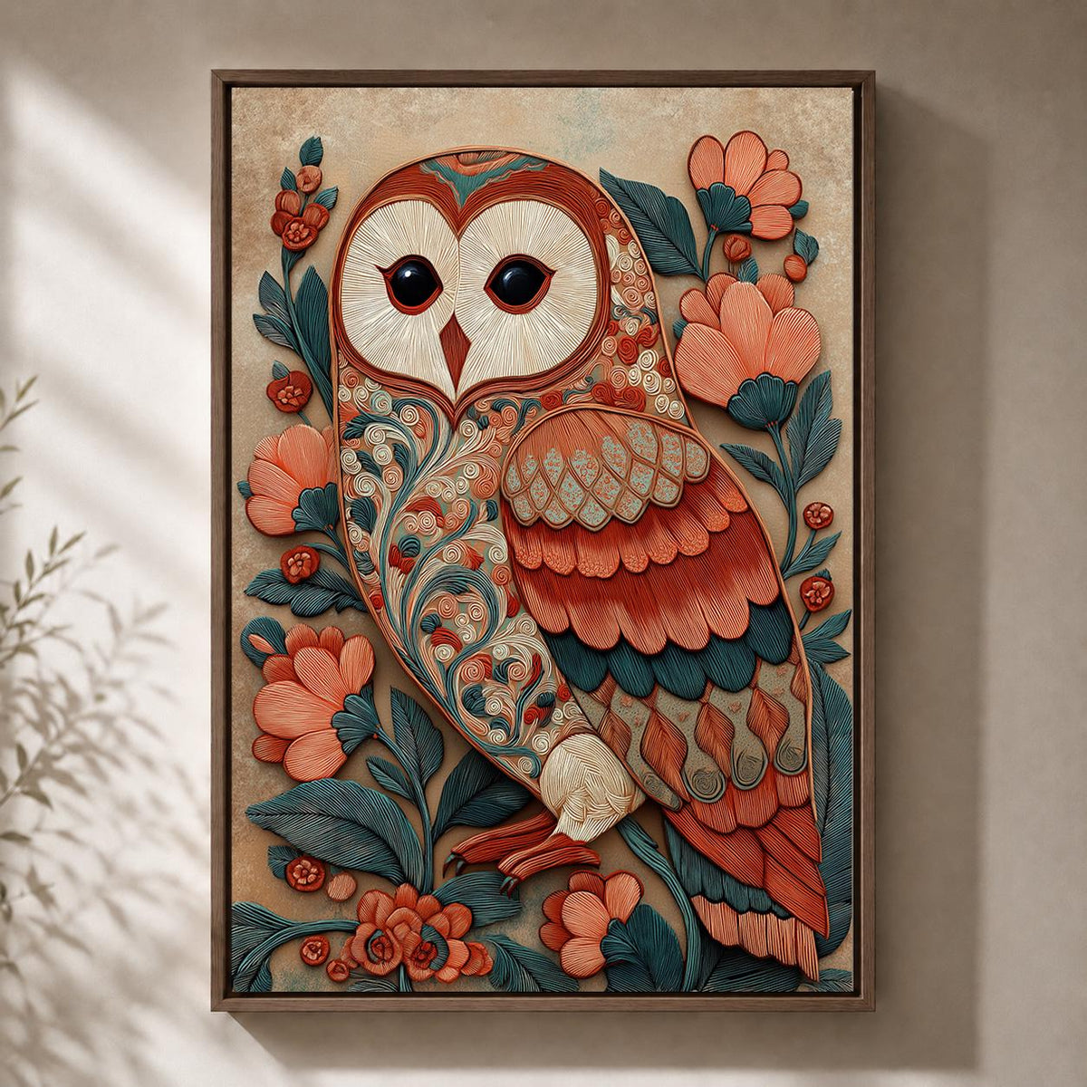 Folk Art Barn Owl Framed Canvas, Boho Woodland Teal Coral Nature Print by The Wall Art Studio - physical