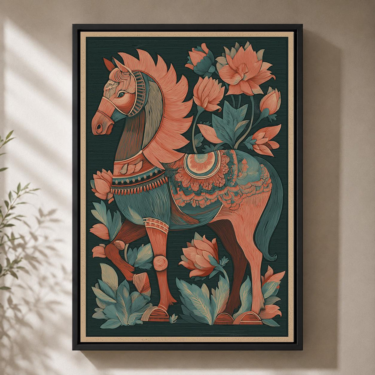 Folk Art Horse Framed Canvas Wall Art, Boho Floral Print, Teal Coral Equestrian Decor by The Wall Art Studio - physical