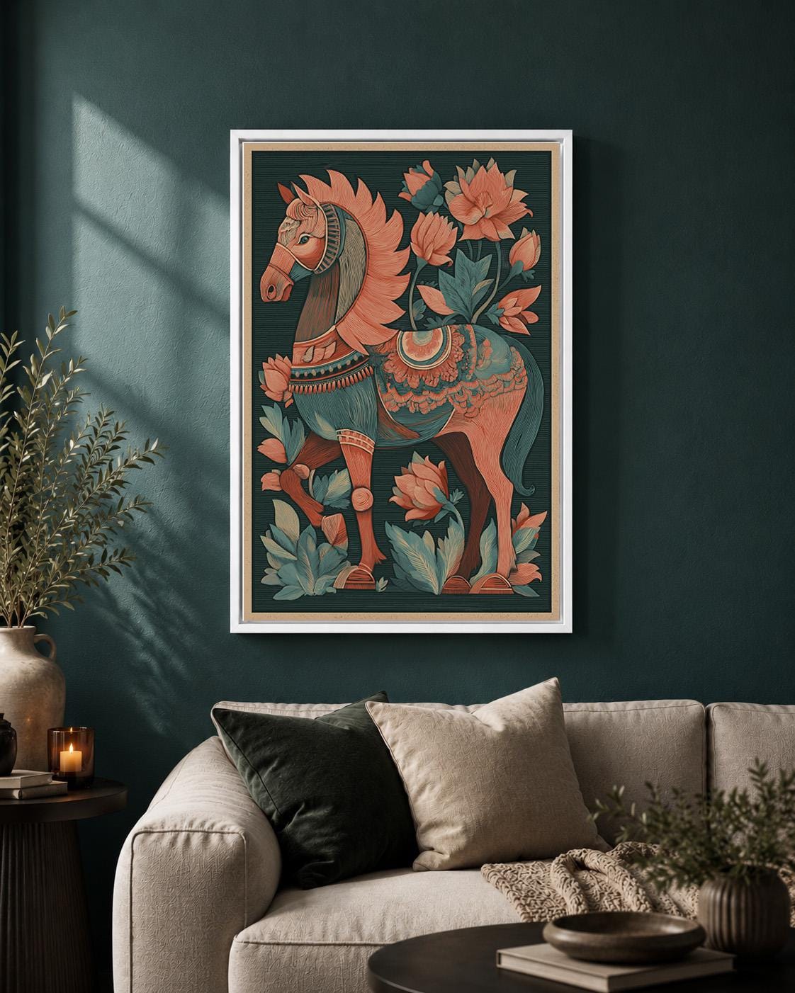 Folk Art Horse Framed Canvas Wall Art, Boho Floral Print, Teal Coral Equestrian Decor by The Wall Art Studio - physical