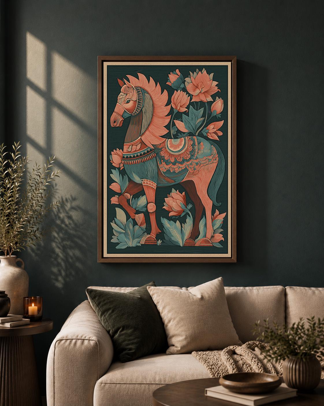 Folk Art Horse Framed Canvas Wall Art, Boho Floral Print, Teal Coral Equestrian Decor by The Wall Art Studio - physical