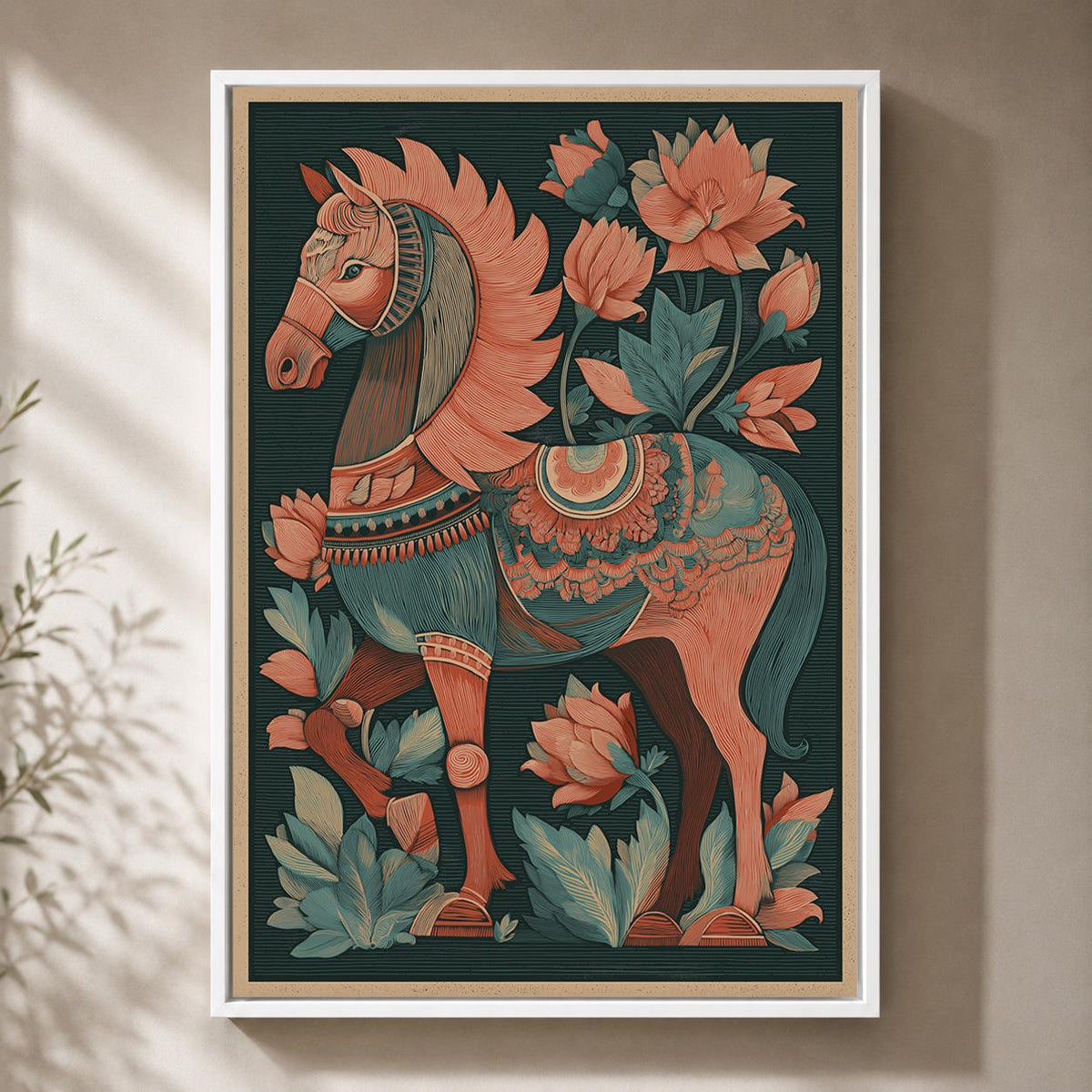 Folk Art Horse Framed Canvas Wall Art, Boho Floral Print, Teal Coral Equestrian Decor by The Wall Art Studio - physical