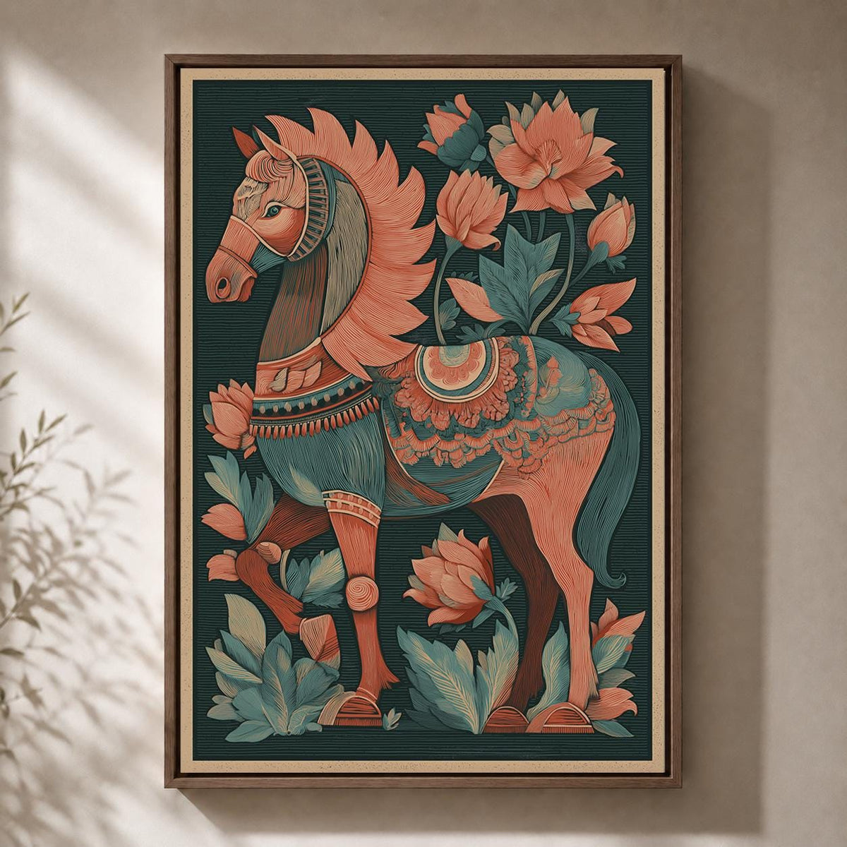 Folk Art Horse Framed Canvas Wall Art, Boho Floral Print, Teal Coral Equestrian Decor by The Wall Art Studio - physical