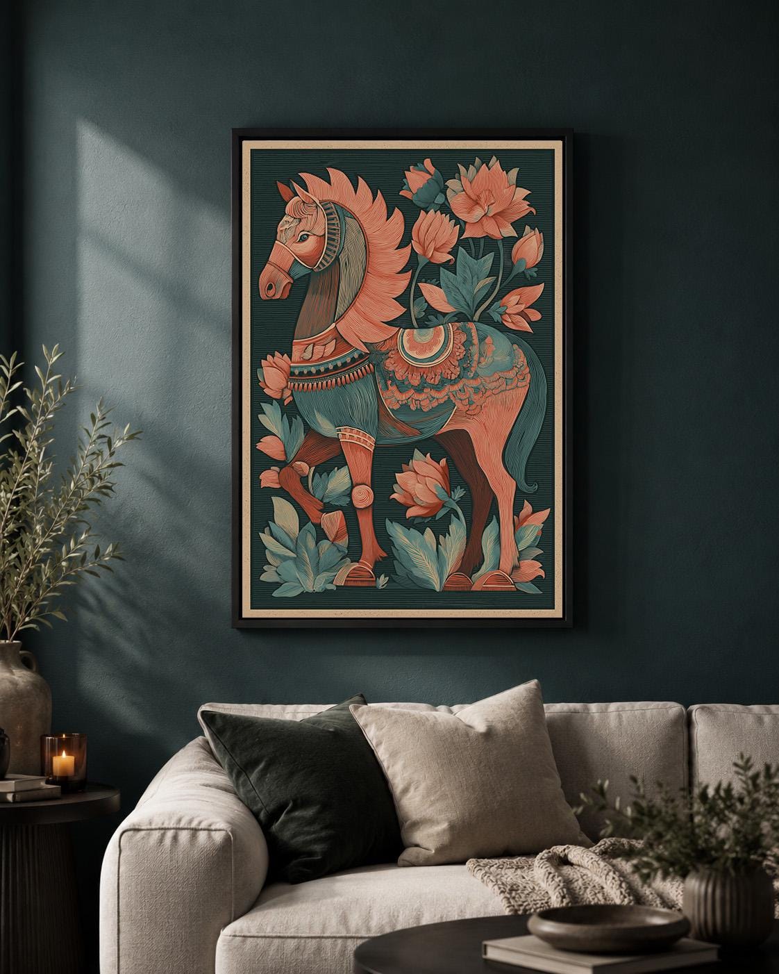 Folk Art Horse Framed Canvas Wall Art, Boho Floral Print, Teal Coral Equestrian Decor by The Wall Art Studio - physical