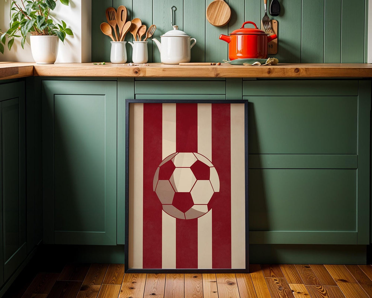 Football Stripe Wall Art, Red Soccer Poster, Sports Room Decor, Minimal Football Print, Soccer Ball Artwork, Boys Room Dec...
