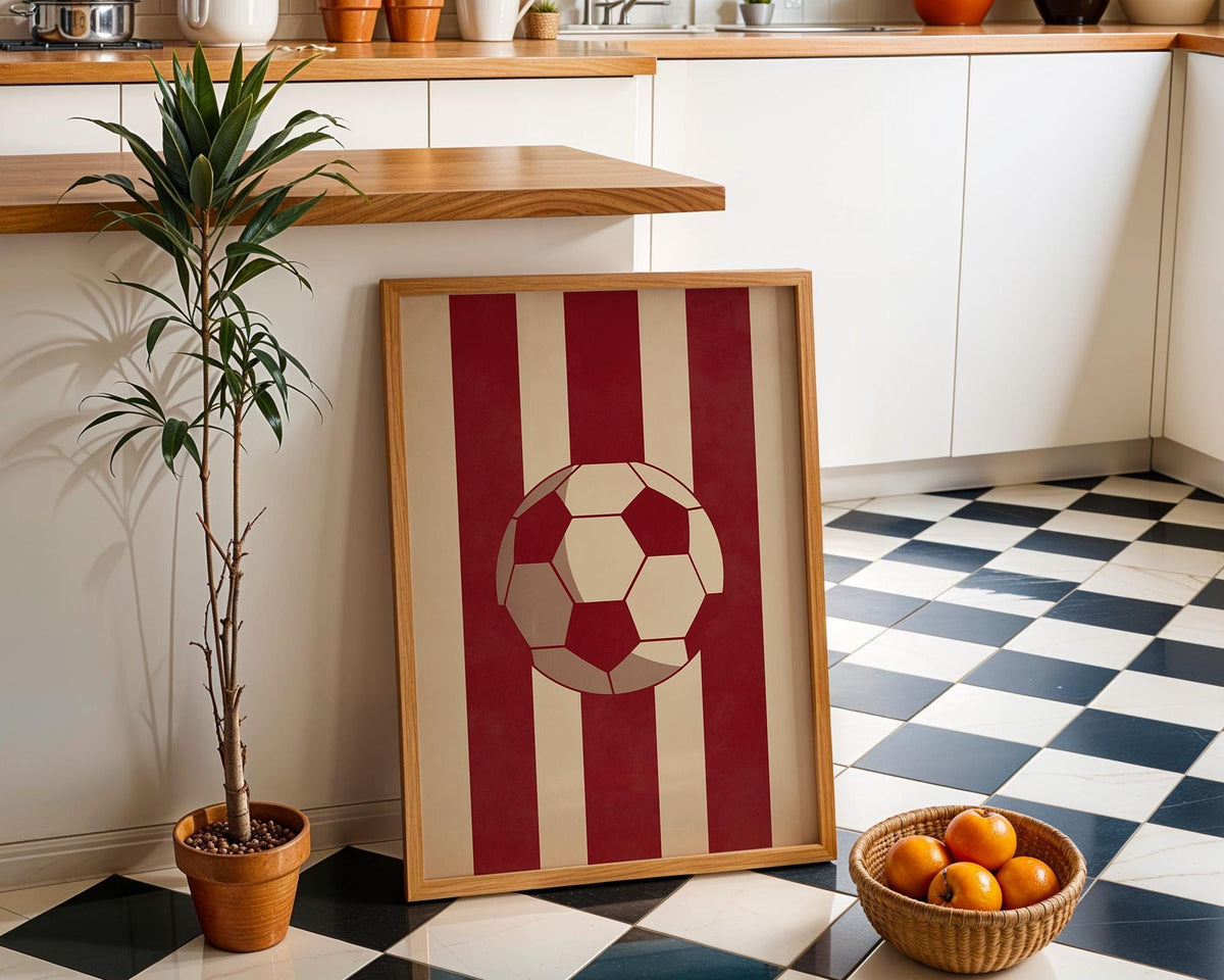 Football Stripe Wall Art, Red Soccer Poster, Sports Room Decor, Minimal Football Print, Soccer Ball Artwork, Boys Room Dec...