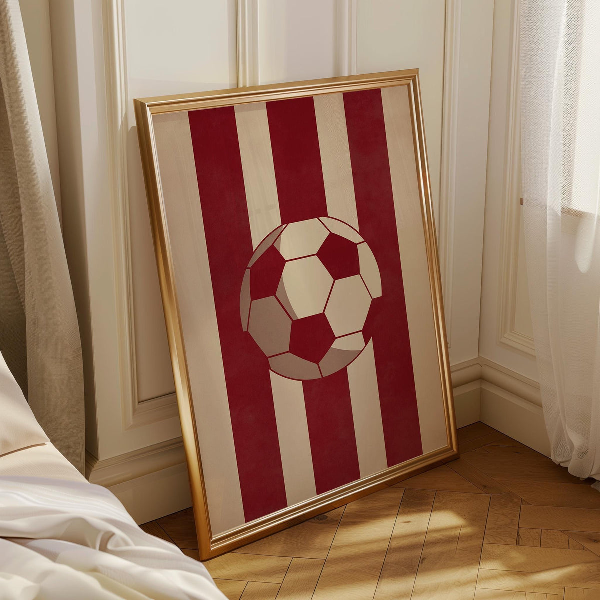 Football Stripe Wall Art, Red Soccer Poster, Sports Room Decor, Minimal Football Print, Soccer Ball Artwork, Boys Room Dec...