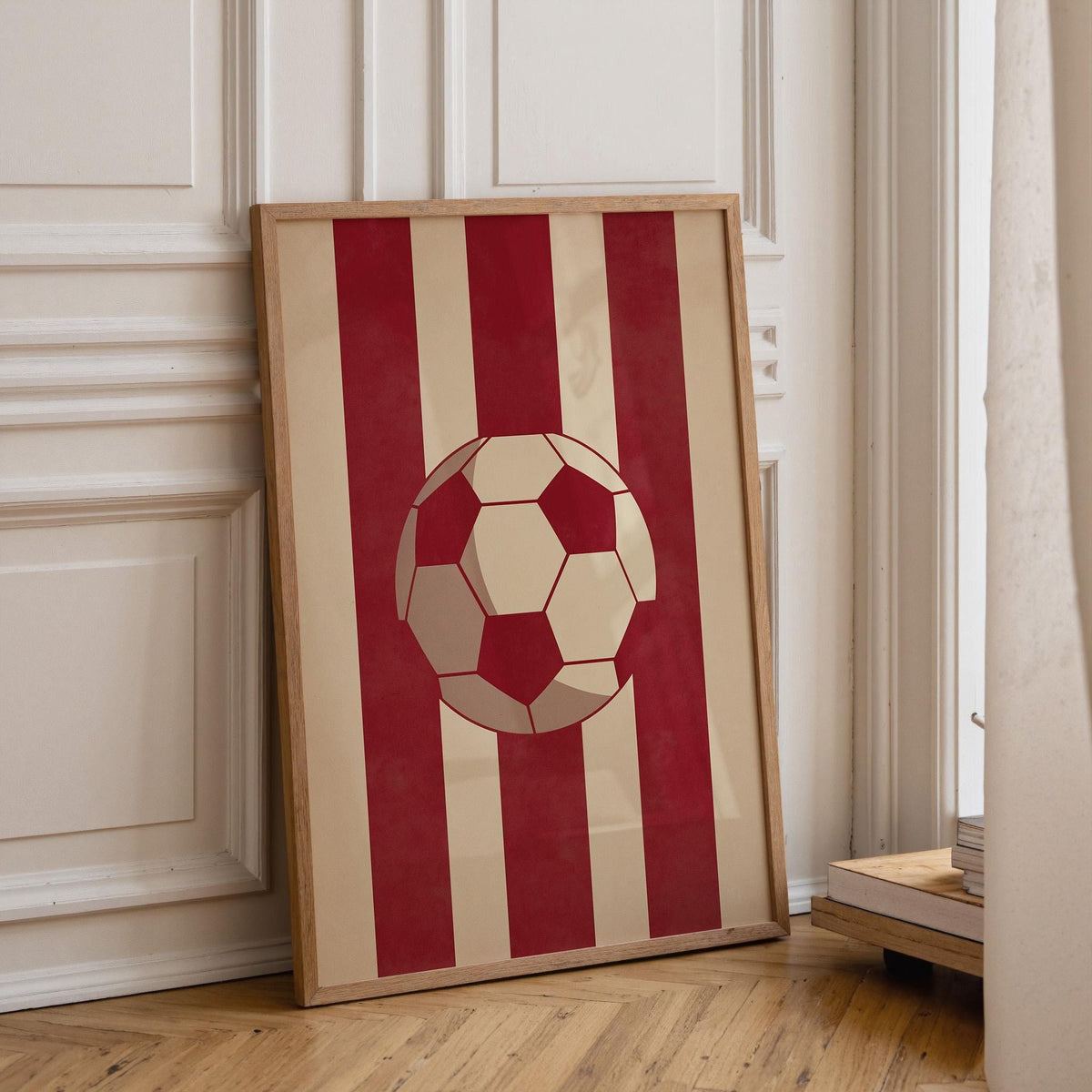 Football Stripe Wall Art, Red Soccer Poster, Sports Room Decor, Minimal Football Print, Soccer Ball Artwork, Boys Room Dec...