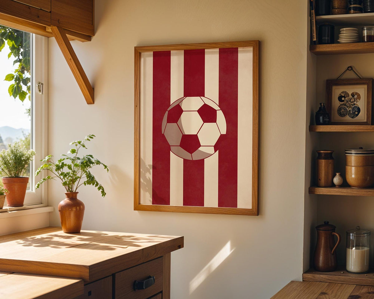 Football Stripe Wall Art, Red Soccer Poster, Sports Room Decor, Minimal Football Print, Soccer Ball Artwork, Boys Room Dec...