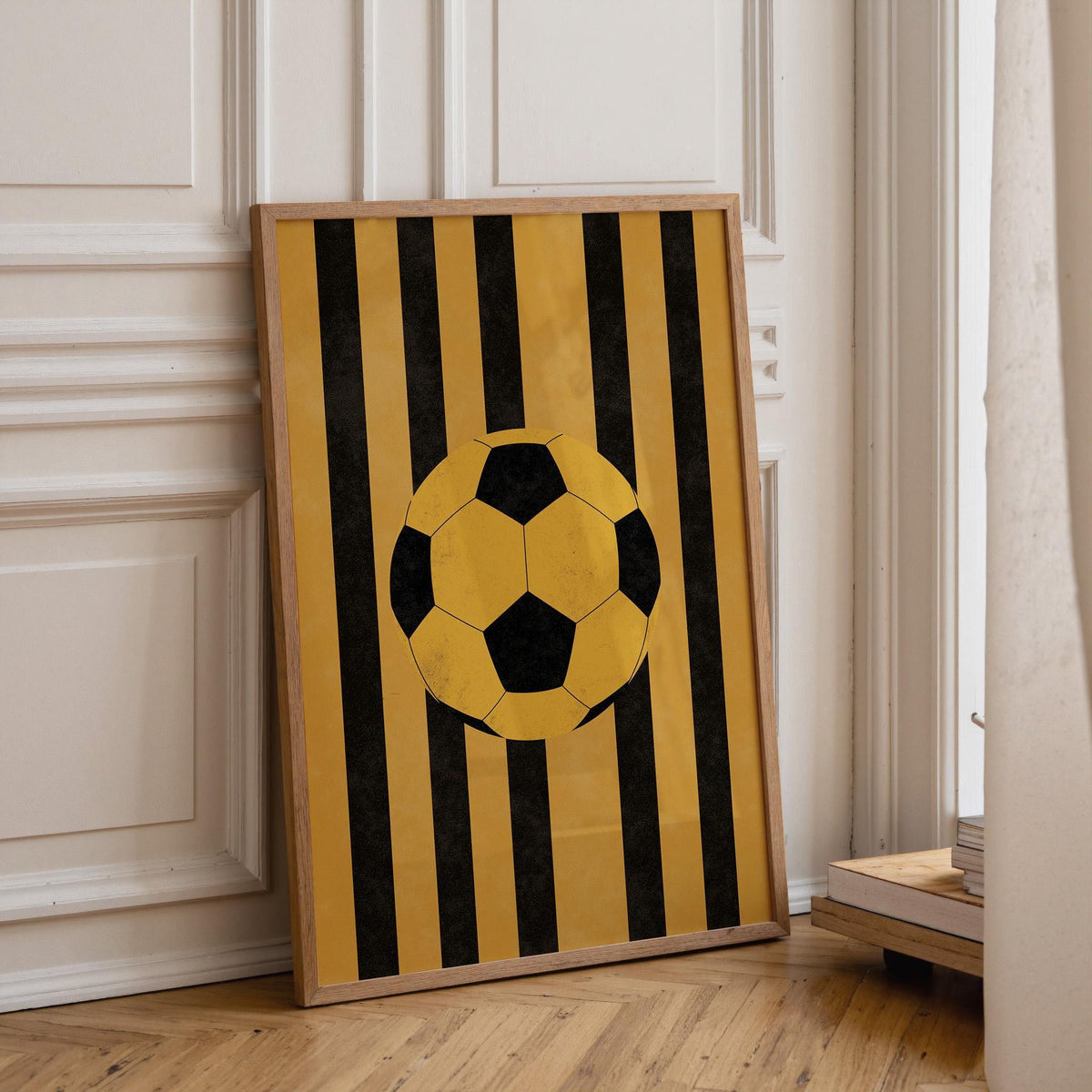 Football Wall Art, Soccer Ball Print, Kids Football Room Decor, Sports Nursery Art, Yellow Black Stripe Soccer Poster (Fra...