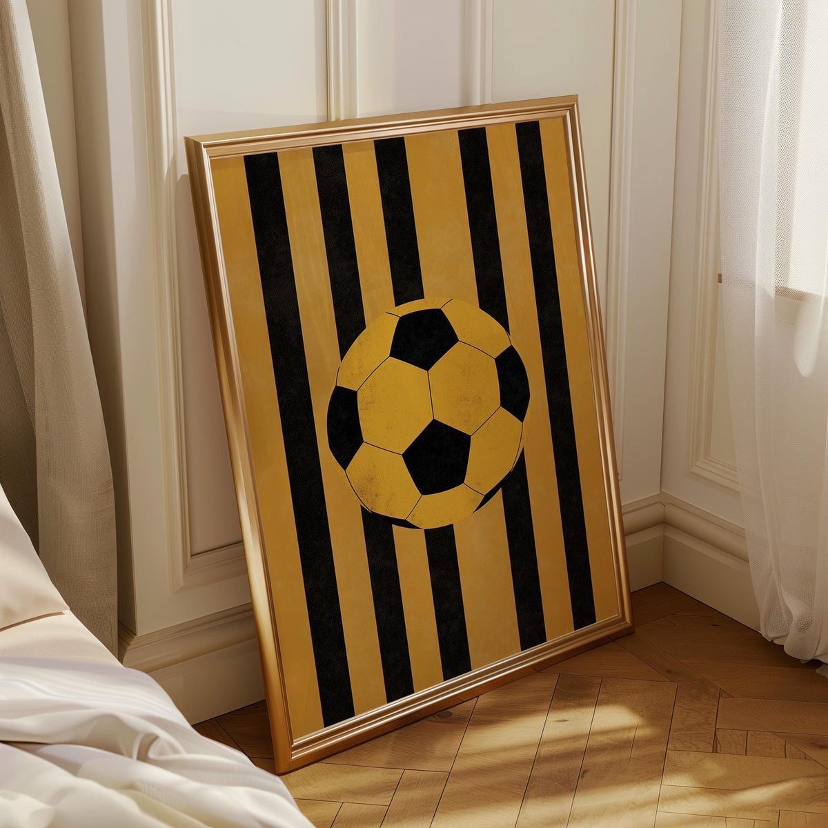 Football Wall Art, Soccer Ball Print, Kids Football Room Decor, Sports Nursery Art, Yellow Black Stripe Soccer Poster (Fra...