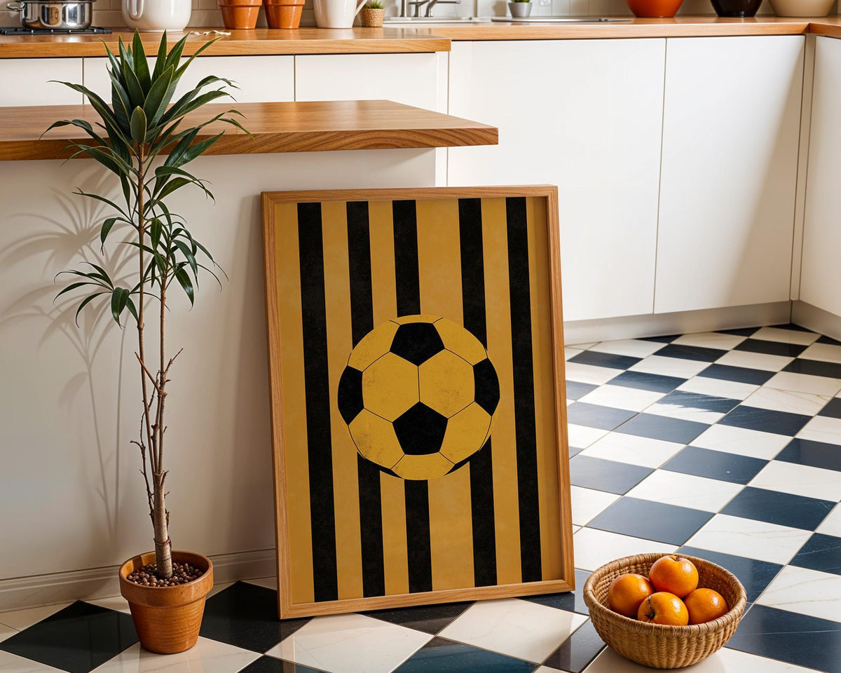 Football Wall Art, Soccer Ball Print, Kids Football Room Decor, Sports Nursery Art, Yellow Black Stripe Soccer Poster (Fra...