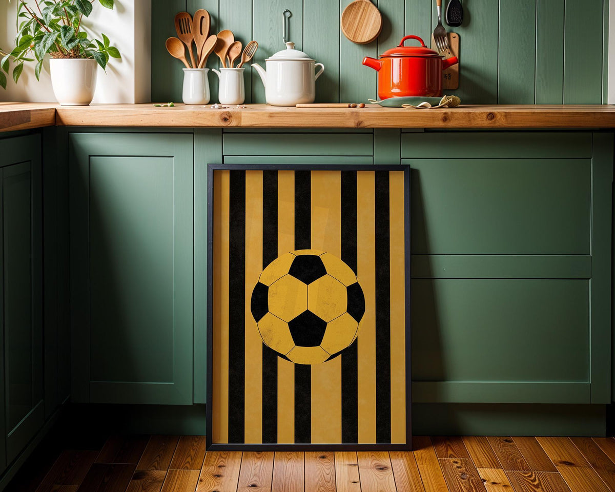 Football Wall Art, Soccer Ball Print, Kids Football Room Decor, Sports Nursery Art, Yellow Black Stripe Soccer Poster (Fra...