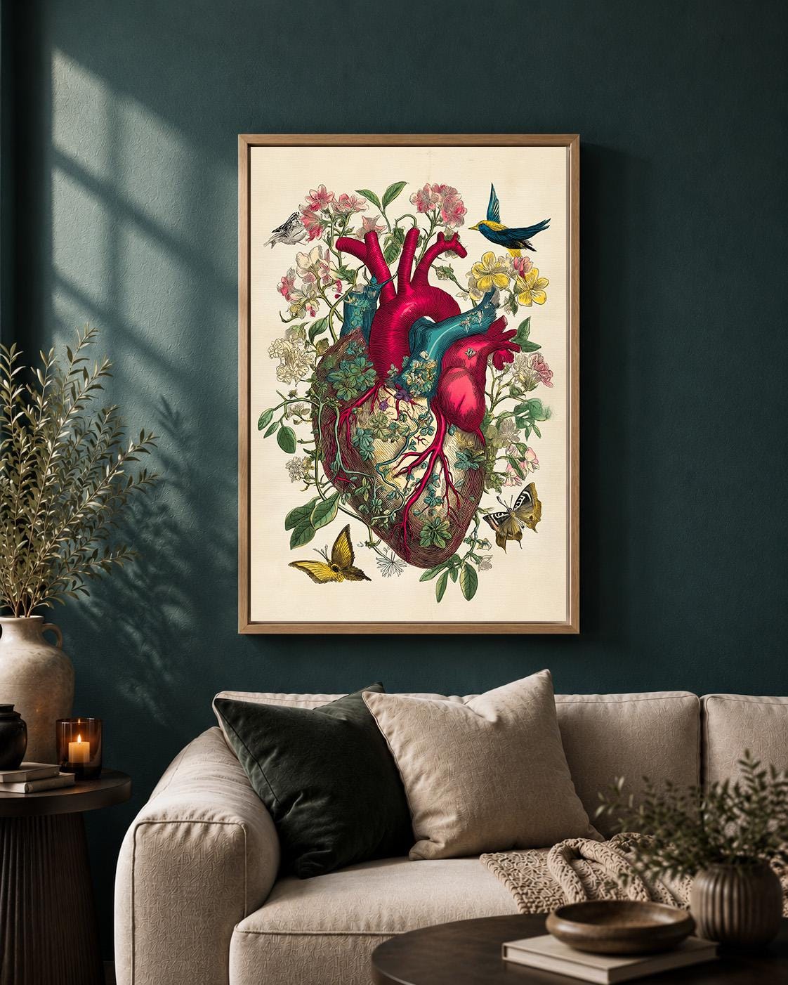 Framed Canvas Anatomical Heart Wall Art, Gothic Botanical Canvas Print, Vintage Floral Anatomy Decor by The Wall Art Studi...
