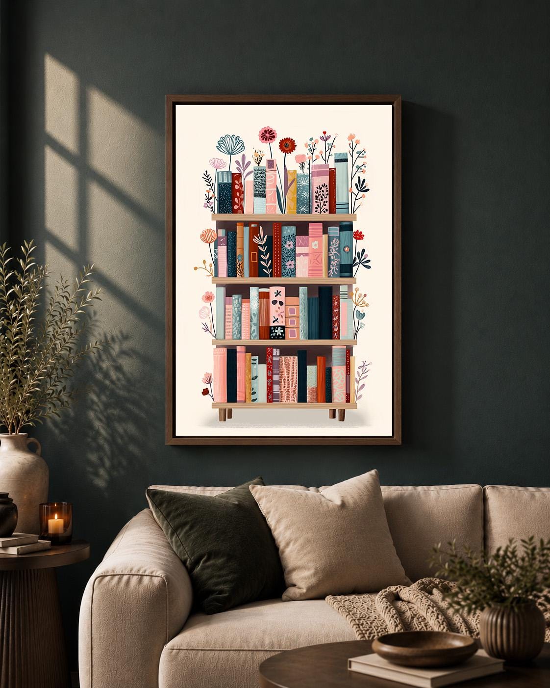 Framed Canvas Bookshelf Art, Colorful Whimsical Library Decor, Cozy Reading Nook Artwork by The Wall Art Studio - physical