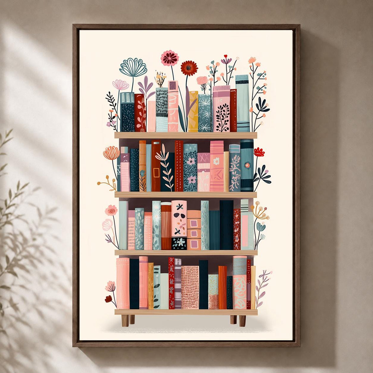 Framed Canvas Bookshelf Art, Colorful Whimsical Library Decor, Cozy Reading Nook Artwork by The Wall Art Studio - physical