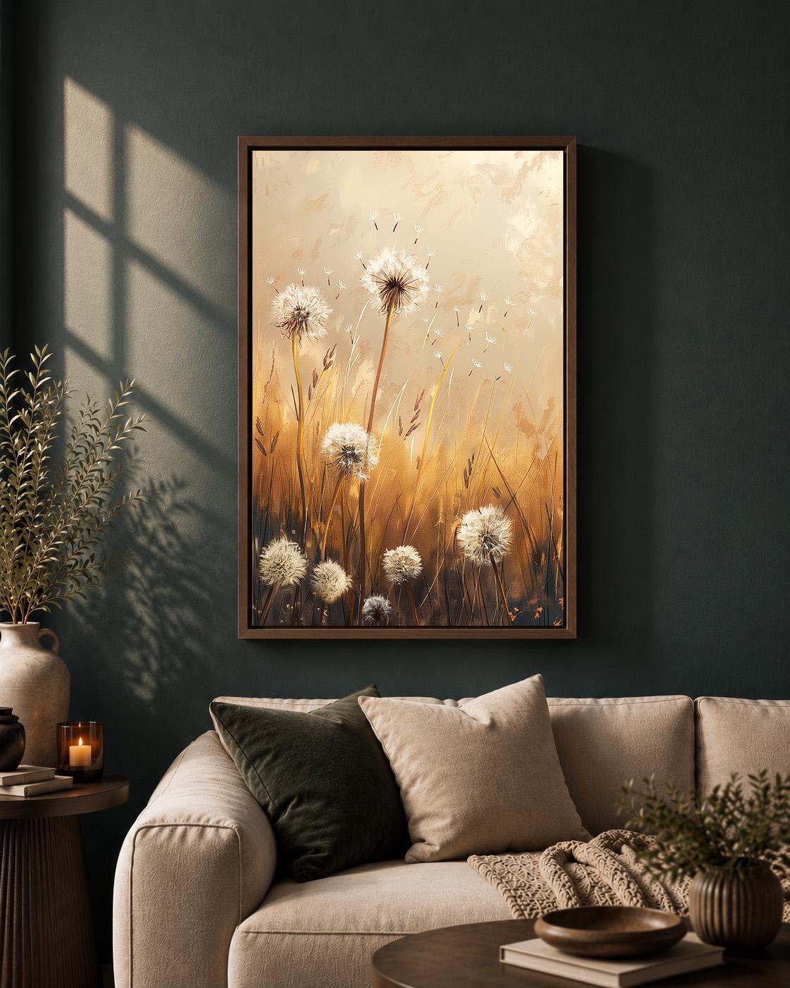 Framed Canvas Dandelion Wall Art, Neutral Wildflower Meadow Canvas Print, Beige Botanical Nature Decor by The Wall Art Stu...
