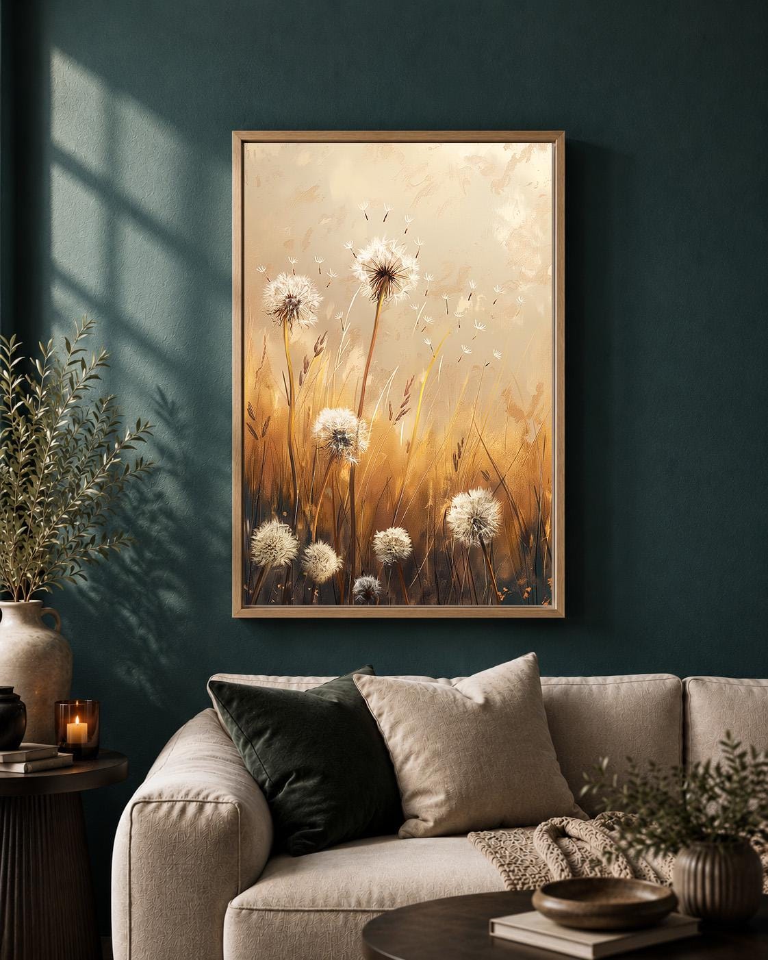 Framed Canvas Dandelion Wall Art, Neutral Wildflower Meadow Canvas Print, Beige Botanical Nature Decor by The Wall Art Stu...