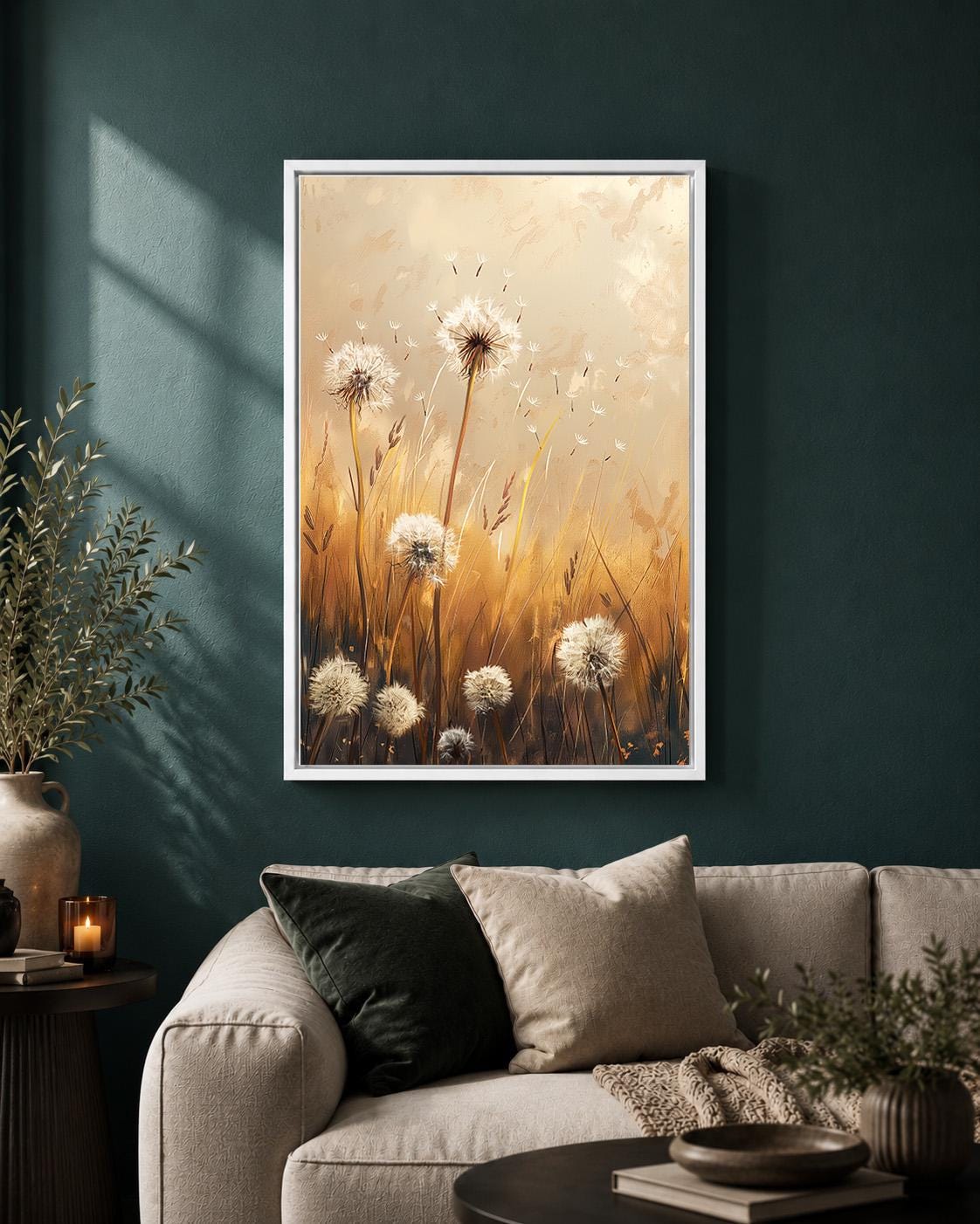 Framed Canvas Dandelion Wall Art, Neutral Wildflower Meadow Canvas Print, Beige Botanical Nature Decor by The Wall Art Stu...