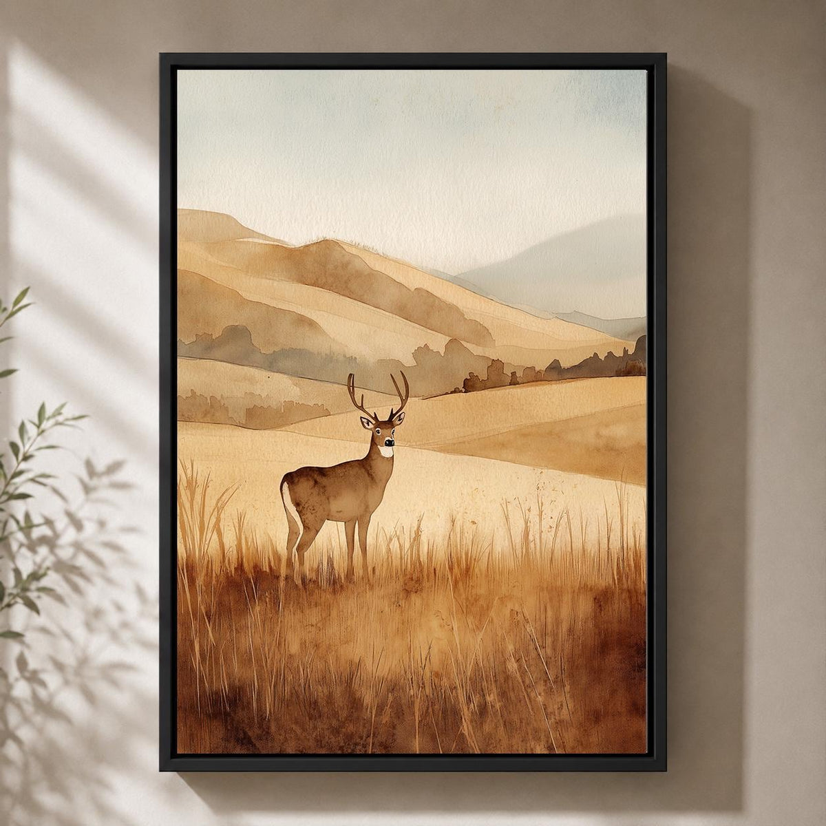 Framed Canvas Deer Landscape Wall Art, Neutral Watercolor Wildlife Print, Rustic Nature Decor by The Wall Art Studio - phy...