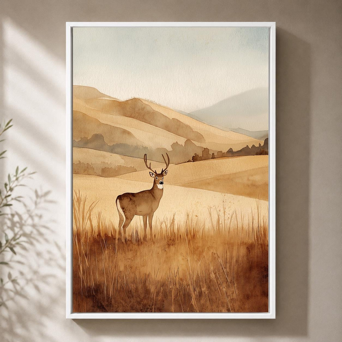 Framed Canvas Deer Landscape Wall Art, Neutral Watercolor Wildlife Print, Rustic Nature Decor by The Wall Art Studio - phy...