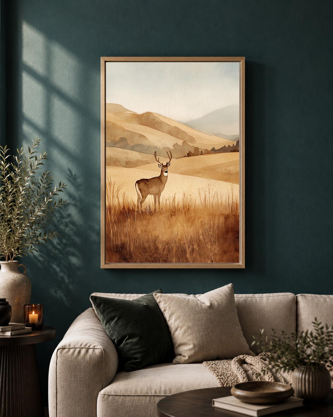 Framed Canvas Deer Landscape Wall Art, Neutral Watercolor Wildlife Print, Rustic Nature Decor by The Wall Art Studio - phy...