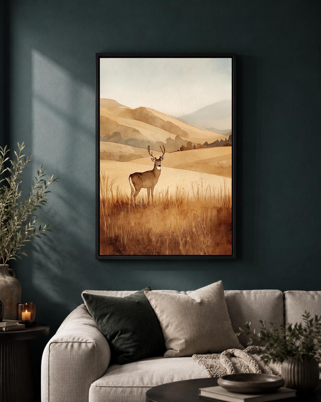 Framed Canvas Deer Landscape Wall Art, Neutral Watercolor Wildlife Print, Rustic Nature Decor by The Wall Art Studio - phy...