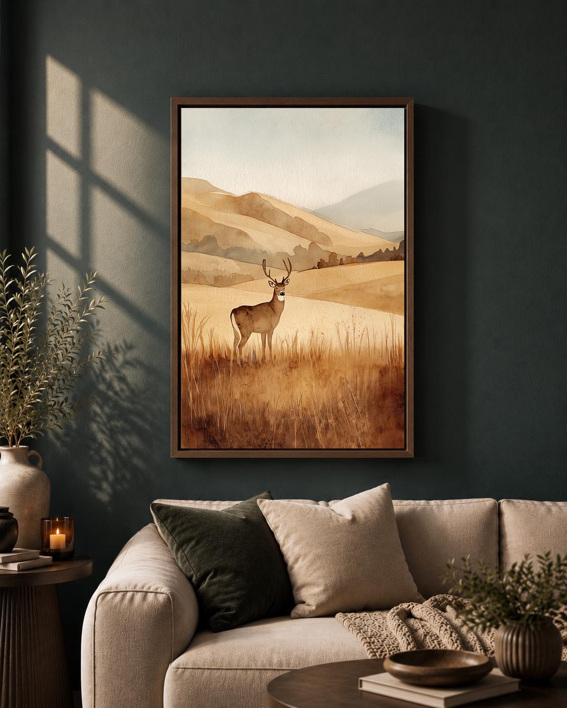 Framed Canvas Deer Landscape Wall Art, Neutral Watercolor Wildlife Print, Rustic Nature Decor by The Wall Art Studio - phy...